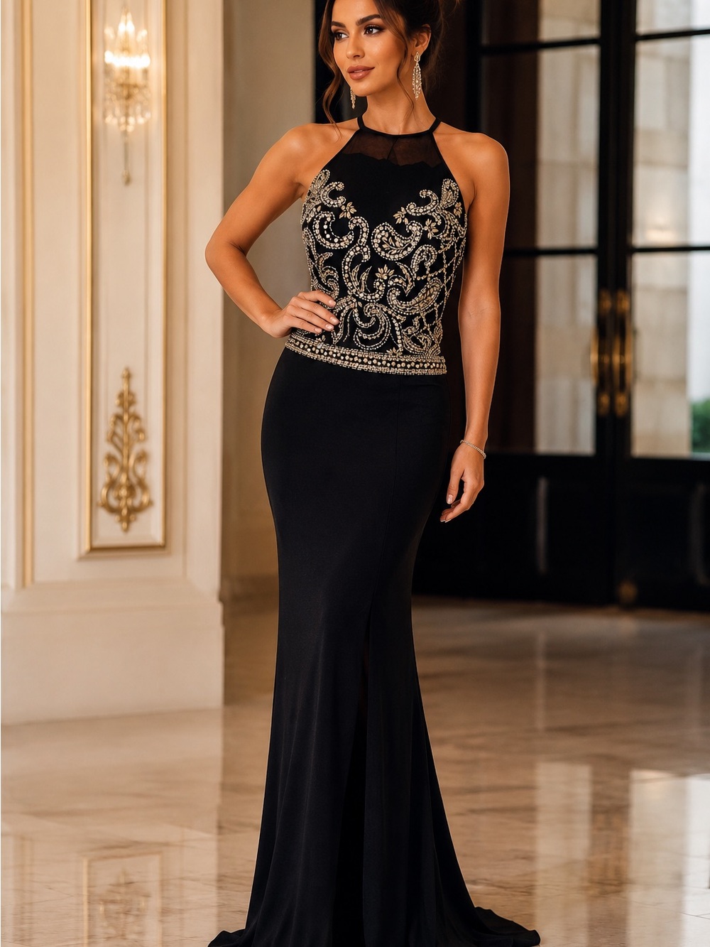 Nina Canacci Black & Gold Beaded Formal Gown NWT | Elegant Evening Dress SZ 10